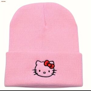 Hello Kitty Embroidered Beanie Cozy Knit Skull Cap for Women Pink Red Bow